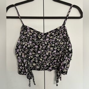 Hollister Floral Crop Top Black Purple Spaghetti Strap Adjustable Tie Medium